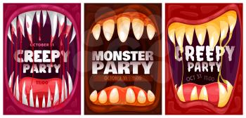 Halloween party poster or flyer background, vector monster celebration holiday. Happy Hallowing and party invitation poster with dead monster or vampire teeth and blood in mouth treat or trick holiday