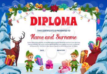 Kids Christmas diploma, kindergarten certificate. Child graduation diploma, party invitation template. Holiday gifts, elfs and reindeer, Christmas tree ornaments, poinsettia and sweets cartoon vector