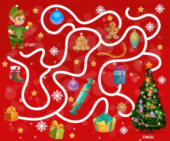 Child find way maze with Christmas gifts and sweets. Kids labyrinth game, children search path activity. Elf, gingerbread cookies and Christmas tree ornaments, stockings, snowflakes cartoon vector
