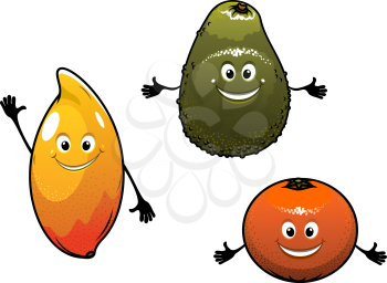 Avocado, mango and orange fruits isolated on white background in cartoon style