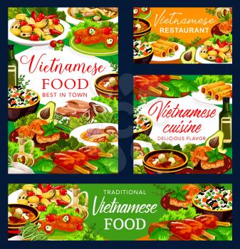 Vietnamese cuisine vector dishes with baked fish, vegetable rice and beef pho bo, noodle mushroom soup, grilled cutlet and pork, peppers stuffed with cheese and pancake rolls. Asian restaurant banners