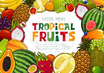 Tropical fruits, juicy exotic pineapple, mango and watermelon, papaya and guava. Vector natural organic tropic durian and exotic dragon fruit, pomegranate and grape, melon and mango