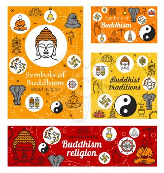 Buddhist religious worship, Buddhism religious symbols. Vector Meditation and Buddhism Dharma teaching, white elephant and temple drums, Buddha god and monk in prayer, swastika and mudra hand