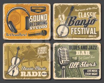 Music vintage retro posters, folk musical festival and professions DJ sound recording studio. Vector banjo guitar and violin, piano and orchestra harp, classic music radio, blues and jazz bar