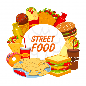 Fast food and street food restaurant menu. Vector fastfood bistro sandwiches, meals and snacks, Mexican tacos, nachos and burrito, hot dog and ice cream, coffee and cheeseburger, ketchup and mustard