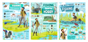 Sea fishing sport and big fish catch hobby, fisher tackles, lures and equipment infographics. Vector fisherman in rubber boat at river with rod, fisherman camping tent and seafood baits