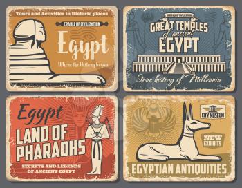 Ancient Egypt travel trips and Cairo landmarks tours retro vintage posters. Vector ancient Egypt pharaoh pyramids, Sphinx and Egyptian god temples sightseeing, antiquity museum and souvenirs shop