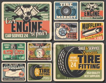 Car spare parts, auto repair service and mechanic garage vector design. Vehicle engine pistons, wheel tires and brake pads, spanner, wrench and mufflers, autoglass and speedometer retro posters