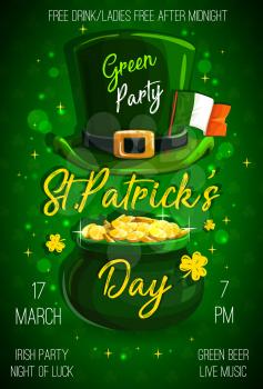Patricks day green party flyer, holiday celebration. Vector Ireland flag, leprechauns hat with plaque, pot cauldron full of gold. Clover or three-leaf shamrock, Irish spring feast