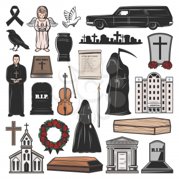 Funeral vector icons of coffin, death and candle, grave, tombstone and memorial cross, church, mortuary, hearse car and burial urn, flower wreath, dove and angel, pastor and bible. Interment themes