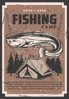 Fishing sport camp vector design of fish, fisherman rod, hook and tourist tent with forest trees. Fishing tackle and bait, tourist equipment and catfish retro poster of outdoor hobby themes