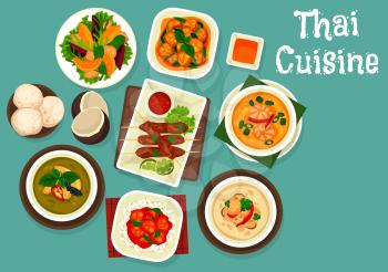 Thai food dishes vector design of seafood, meat and vegetables. Soups tom kha gai, fish and shrimps with rice noodles, sweet sour pork, green curry and grapefruit salad, pork satay, coconut ice cream