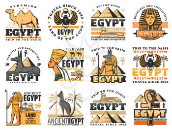 Ancient Egypt pharaoh pyramids and gods vector design of Egyptian travel icons. Great pyramids of Giza, Sphinx and ankh symbol, Anubis, Horus and scarab, eye of Horus, Tutankhamun and Nefertiti