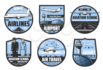 Plane, airport, pilot and flight attendant vector badges of air travel and aviation school design. Airplanes, runway and airline tickets, aircraft captain, aircrew and cabin crew retro icons