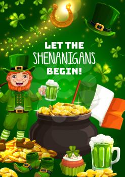 Leprechauns shenanigans, Saint Patricks day celebration. Vector bearded gnome with beer and smoking pipe, pot of gold, national flag of Ireland. Spring fest Irish party, shamrock and lucky horseshoe