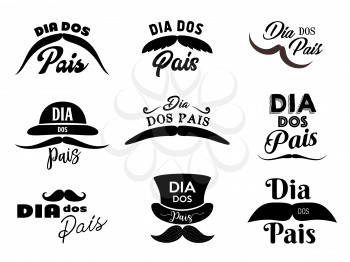 Fathers day, Dia dos pais monochrome isolated vector icons set. Hipster mustache of different shapes bowl and cylinder hats. Vintage symbols for Fathers day, Dia dos Pais retro labels