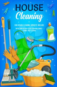 House cleaning service, clear shine sparkles. Laundry, mopping and washing, housemaid sponges, detergent and soap, vacuum cleaner, brush and apron with gloves, wood chips. Vector