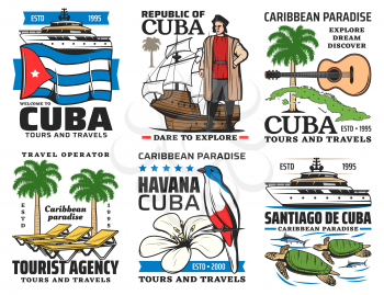 Cuba travel vector icons. Havana historic culture landmarks, Cuban sightseeing, Caribbean sea boat tours and summer beach resorts. Palm and guitar, flag and flower, turtle and birds