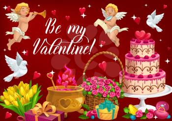 Be my Valentine lettering and symbols of love. Vector February 14 holiday, cupids with trumpet and scrolls, cauldron with elixir of love. Basket with rose flowers, bouquet of tulips and flying dove