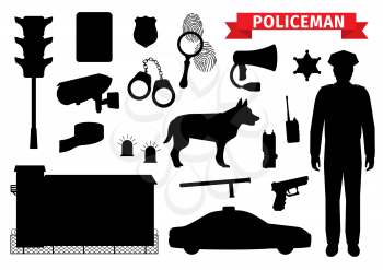 Policeman equipment tools, silhouette icons. Vector isolated police officer gun and sheriff star badge, handcuffs and car alarm siren, traffic lights and CCTV camera, police dig and prison jail
