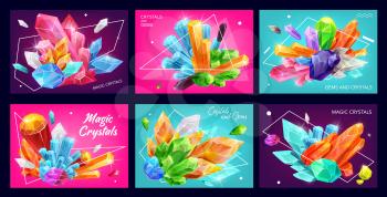 Magic gemstones and crystals with polygons and abstract geometric shapes. Vector banners of diamonds, amethyst and quartz with shiny facets, jewelry, mineral rocks and jewels