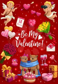 Valentines day, pink hearts with arrow and cupid angels with flowers. Vector Be my Valentine quote, wedding ring and romantic gifts, bears couple with heart lollipop cake