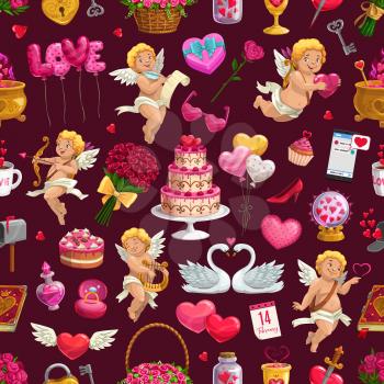 Valentine day pattern of love hearts, cupid angels with balloons and roses flowers. Vector seamless background of wedding ring and cake, love potion in pot with heart lock and key pattern