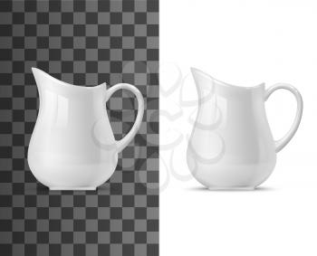 Creamer or milk pot vector templates of white ceramic tableware. 3d porcelain jug, pitcher, coffee or tea creamer with handle on transparent and white background