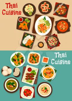 Thai seafood and meat vector dishes with rice, noodles. Tom yum and kha gai soups with vegetables, chicken and shrimps, nut and ginger sauce, spring roll, curry and pork satay, fruit salads, ice cream