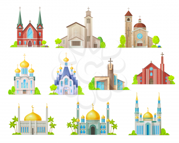 Religion building vector icons with churches, temples and mosques, synagogue, cathedral and monastery with towers, crosses, chapels and crescent. Muslim, christian and lutheran religious architecture