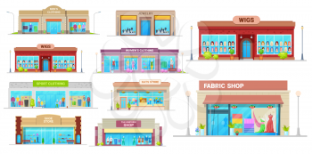 Store and shop buildings isolated vector icons. Cartoon shopping malls exterior front view with glass windows. Jewelry, wigs, sport clothing and fabric, shoes, uniform and hats retail shop buildings