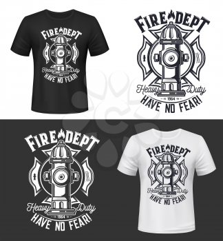 Tshirt print with water hydrant, vector apparel mockup for firefighters department. Fire rescue dept team emergency service black and white t shirt print design isolated monochrome label or emblem