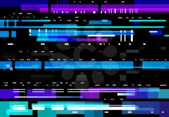 Abstract background with glitch effect, vector glitched distortion colored horizontal stripes, numbers and random pixels on black screen. Television distorted glitch video effect, no signal TV frame