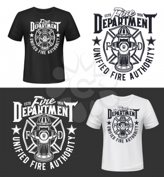 Fire and firefighters department t-shirt print mockup, vector template. Fireman and firefighting dept icon with fire hydrant, Maltese cross and stars, safety and firefighter symbol for t shirt print