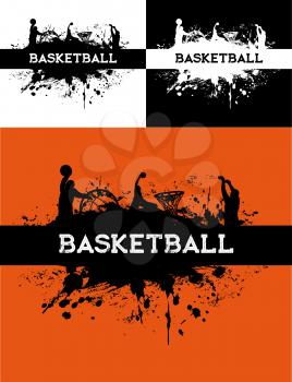 Basketball tournament, streetball game grungy backgrounds with paint smudges and player silhouettes jumping to hoop with ball. Ball game competition and championship vector banners