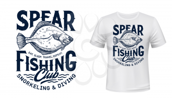 Flounder fish t-shirt print of spearfishing sport fashion design. Fishing and diving club apparel, fisherman and diver activewear or tournament team uniform with sea flatfish and blue waves