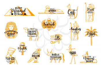 Egyptian vector travel icons. Pyramid of Cheops, Sphinx Giza, egyptian cat, priest. Tutankhamun and Scarab, Anubis and palms, ancient Horus and Hathor God, Nefertiti and ankh, sacred bennu
