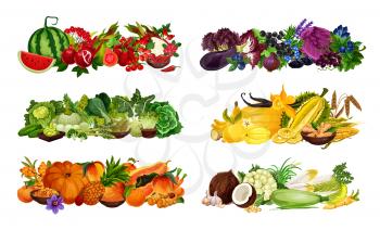 Color diet fruits, berries and vegetables sorted by red and purple, green and yellow, orange and white. Vector watermelon, salad, onion and eggplant, cabbage and banana, pumpkin and peach, corn