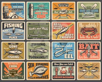 Fishing sport, camping and tourism retro metal signs. Vector fishery equipment, fish and camp tent, flounder and cooking cauldron. Boat crossed paddles, eel and salmon, hooks and baits, rods