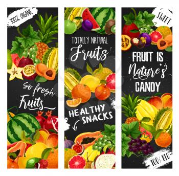 Exotic fruit blackboard banners of tropical and garden berries vector design. Farm apple, orange and papaya, pineapple, grapes, peach and plum, watermelon, pomegranate and fig, durian, lychee and lime