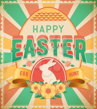 Happy Easter egg hunt vintage vector poster. Retro greeting grunge design card with rabbit, decorated eggs, rays, flowers and curled ribbon with typography. Easter christian spring holiday celebration