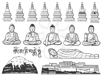 Buddhism religion symbols with vector sketches of Buddha statues with different hand positions or mudras, Tibetan Buddhist Great Stupas, Potala Palace and sacred Mount Kailash. Asian religious themes