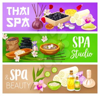 Spa treatments of body care vector banners of beauty and massage salon design. Hair and skin beauty therapy, sauna and bath aromatherapy cosmetic, towels, herbal oil and mask, soap, candle and bamboo
