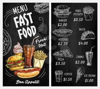 Fast food restaurant blackboard menu with chalk sketches of burgers and drinks. Hamburger, hot dog, pizza and french fries, cheeseburger, soda and coffee, ice cream and tacos, chalkboard menu design