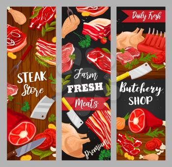 Meat food vector banners of beef steaks, pork ham and bacon, barbecue chicken legs, lamb ribs and turkey, burgers and chops with butcher knives, bbq forks, spices and herbs. Butcher meat shop design
