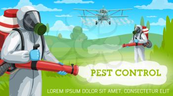 Agricultural pest control vector design. Exterminators and crop duster airplane spraying pesticides and herbicides over farm fields and garden trees with fogging machines, sprayers, protective suits