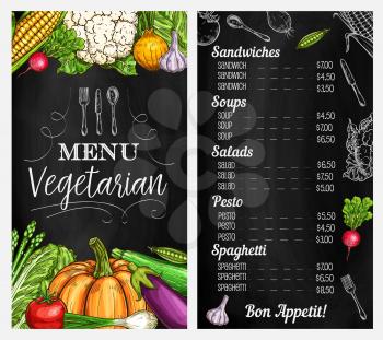 Vegetarian food menu with vegetable salad chalk sketches on blackboard. Vector tomato, garlic, onion and cabbage, corn, radish and pumpkin, pea, eggplant, cauliflower and asparagus veggies chalkboard