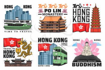 Hong Kong travel landmark buildings vector icons. Tian Tan Buddha, Thousand Buddhas temple tower and Po Lin monastery pagoda, Chi Lin nunnery and double-decker, ferry and dragon