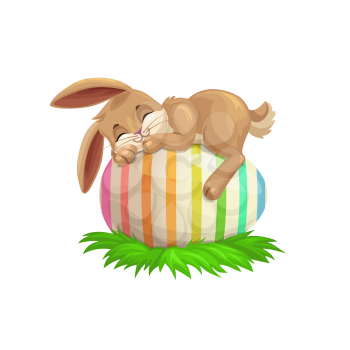 Easter cartoon bunny sleeping on striped holiday egg. Egghunting party vector design with cute rabbit or bunny animal resting on painted egg, decorated with pattern of colorful stripes