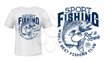 Salmon fish t-shirt print, fishing sport lettering. Vector salmon, ocean animal with spots and curved tail blue badge, custom apparel of fisherman club, fishing camp or competition design